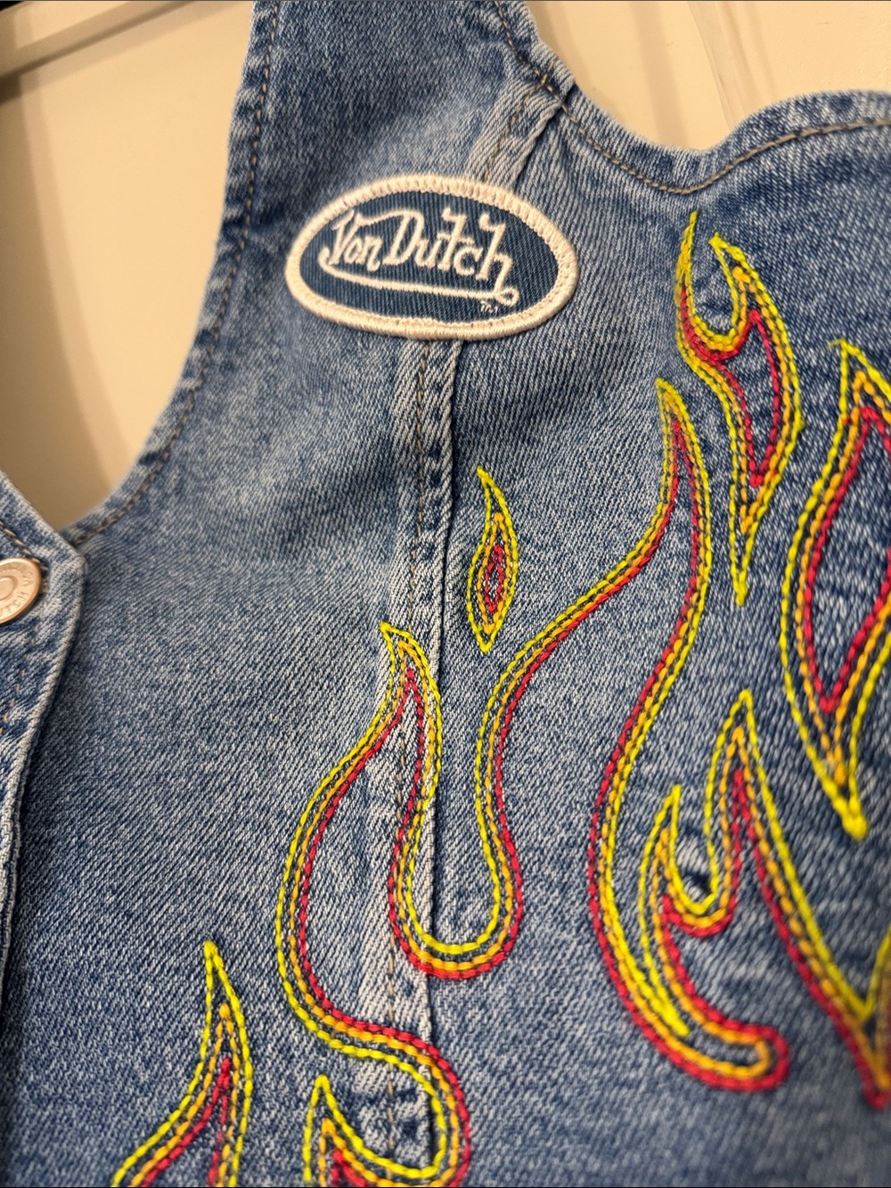 Von Dutch Blue Denim Halter Crop Top with Multicolor Flame Embroidery - Picture 2 of 5
